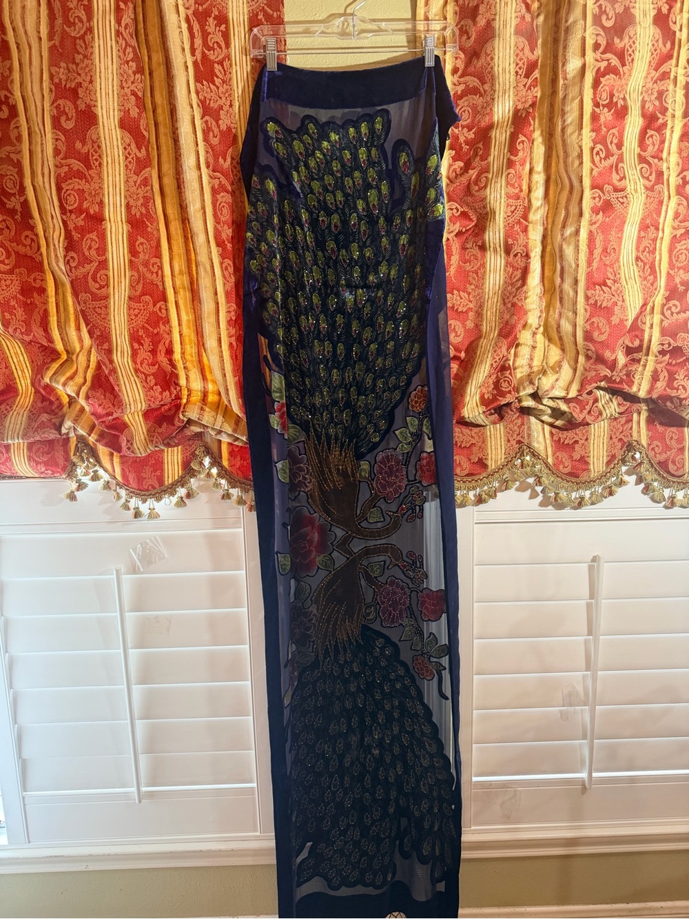Navy Blue Sheer Shawl with Peacock Embroidery